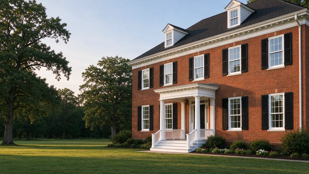 Brick colonial home with new white replacement windows (illustrative image)